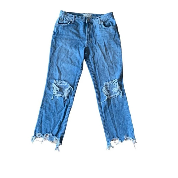 We The Free Maggie Jeans 27 Straight Leg Distressed Button Fly Blue Denim - Picture 1 of 10